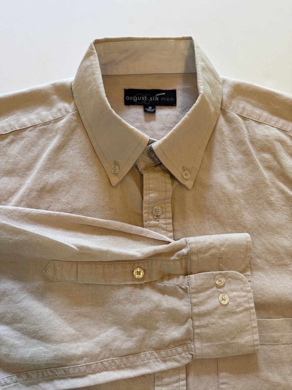 August Silk Men Button-Down Shirt – Medium – 55% Linen / 45% Cotton – Beige